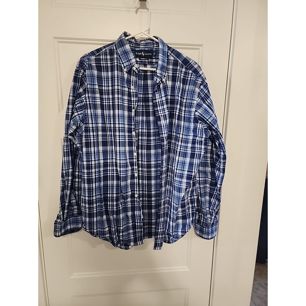 POLO RALPH LAUREN MENS LOGO FALL WINTER BUTTON DOWN PLAID DRESS SHIRT BLUE XL